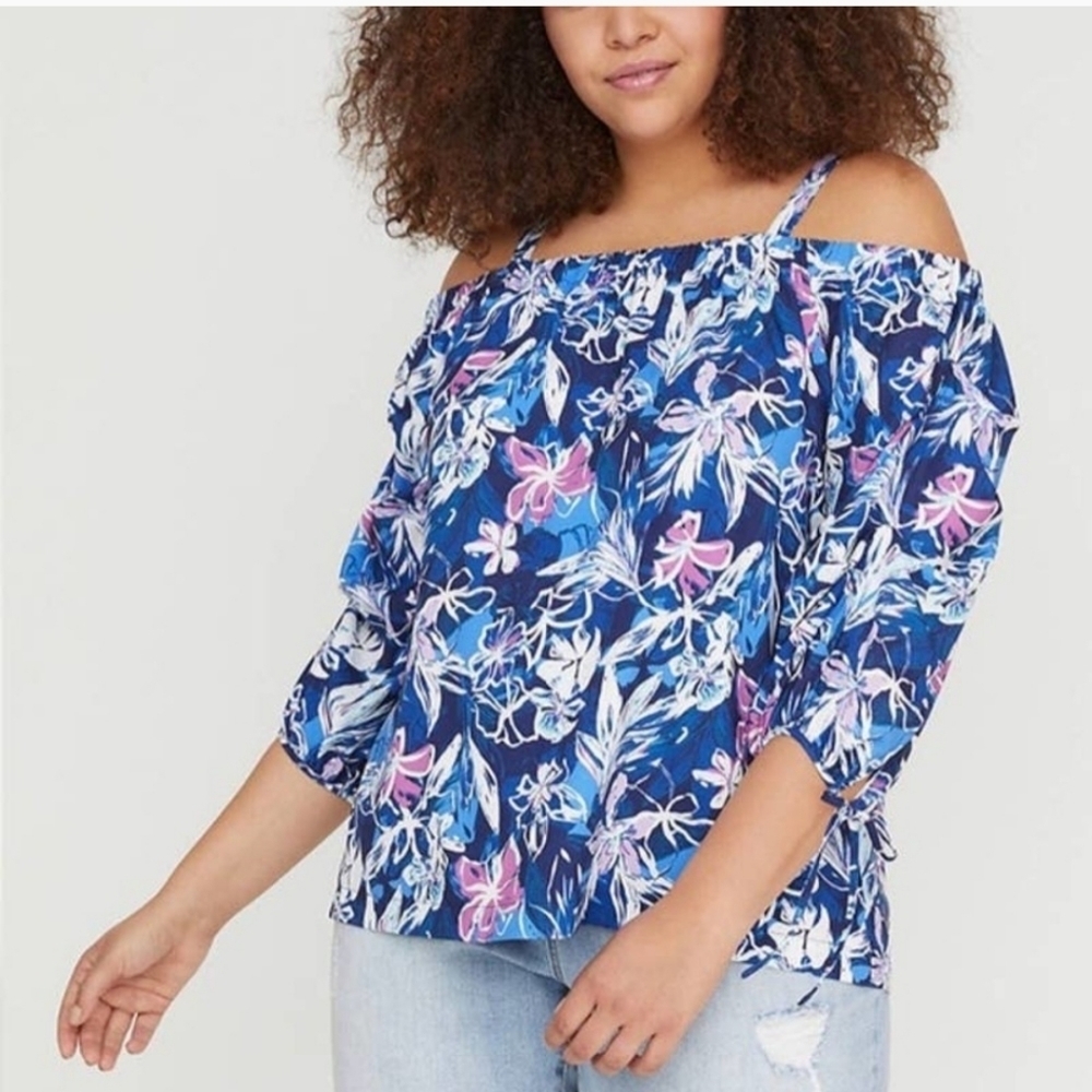 Lane Bryant Floral Cold Shoulder Blouse Size 14/16 Tropical Resort Warm Weather